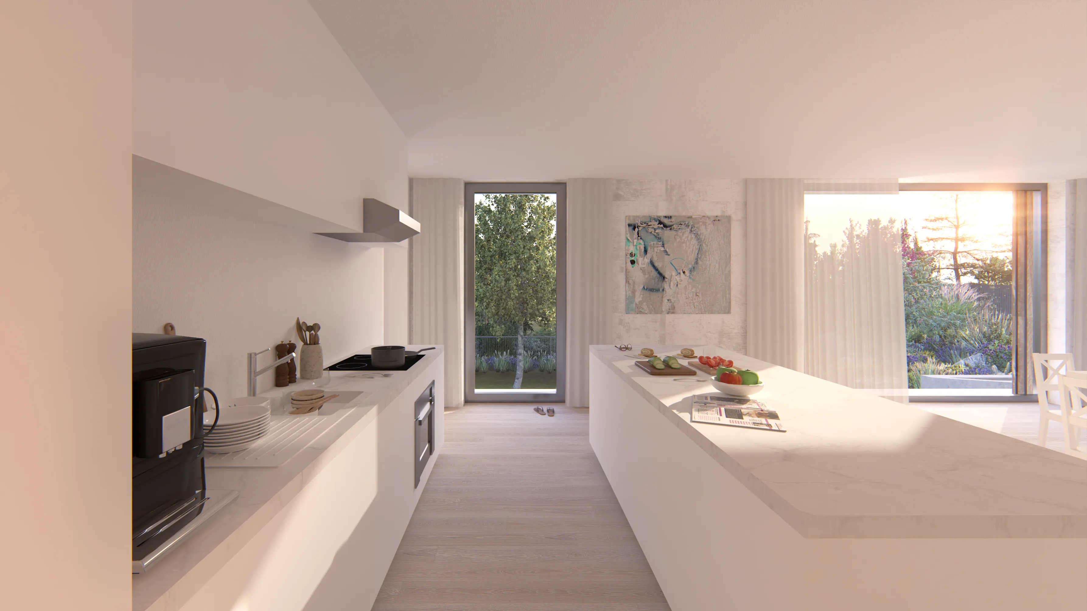 Modern kitchen with white cabinetry, a marble island with fruit and vegetables, and a view of greenery through large windows.