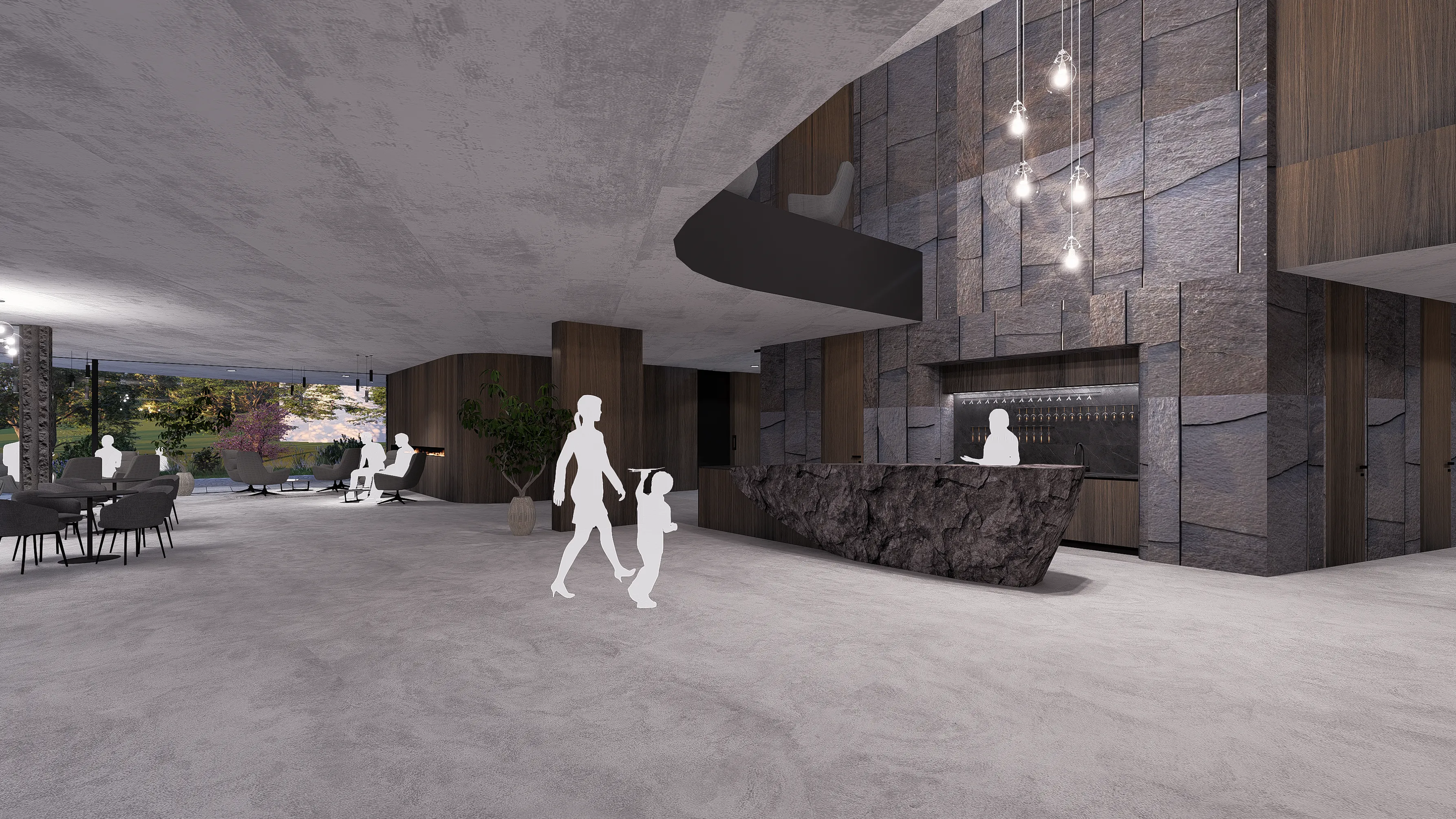 Modern lobby with stone and wood walls, textured stone reception desk, hanging pendant lights, seating area, and silhouettes of people including a woman and child walking.