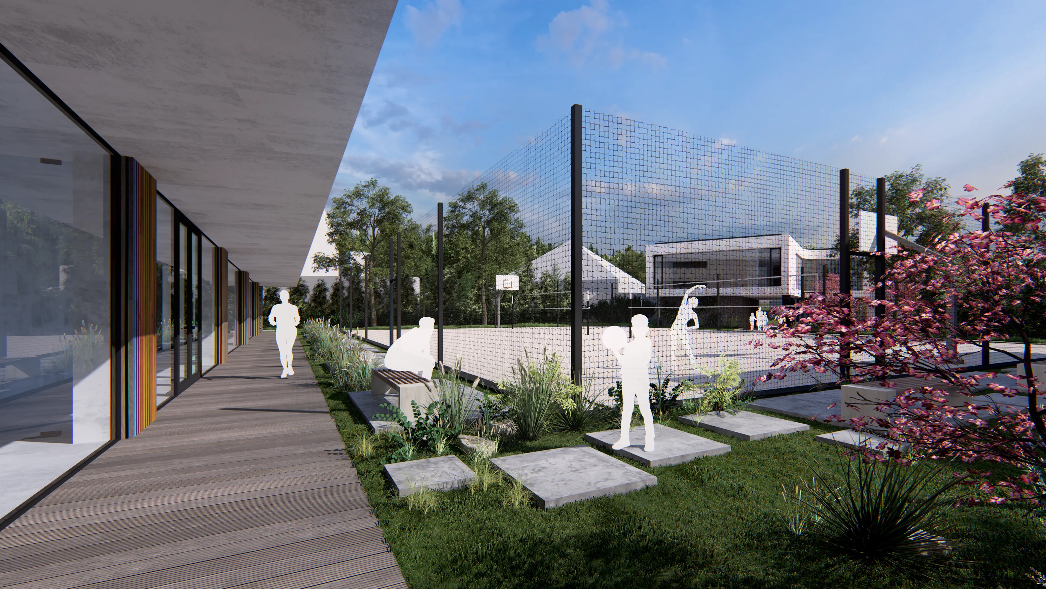 Modern outdoor basketball court enclosed by a black net with white silhouette figures playing and walking along a wooden deck beside glass building.