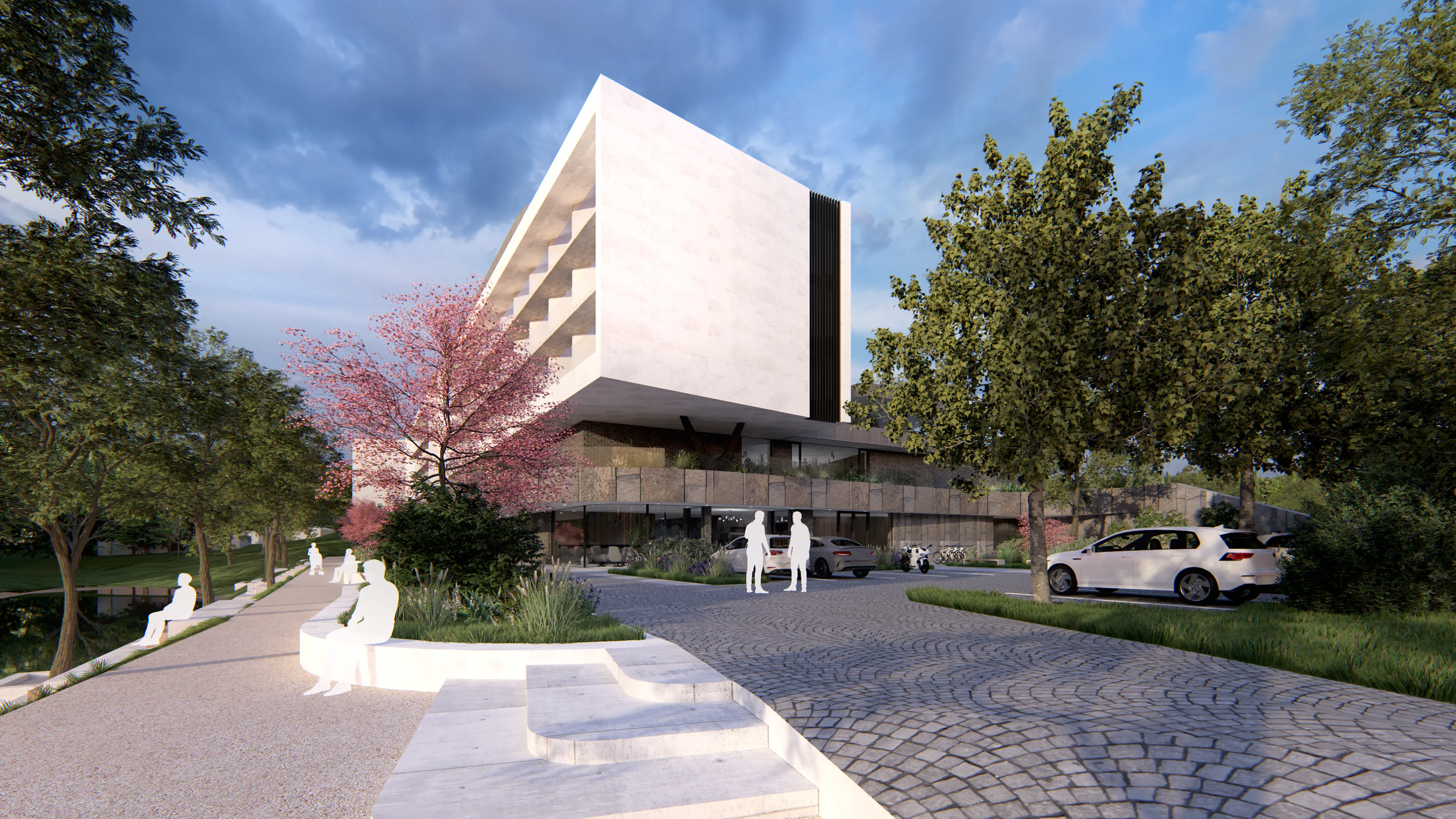 Modern white building with angular design surrounded by trees, pink flowering trees, cars, and paved pathway with white silhouette figures.