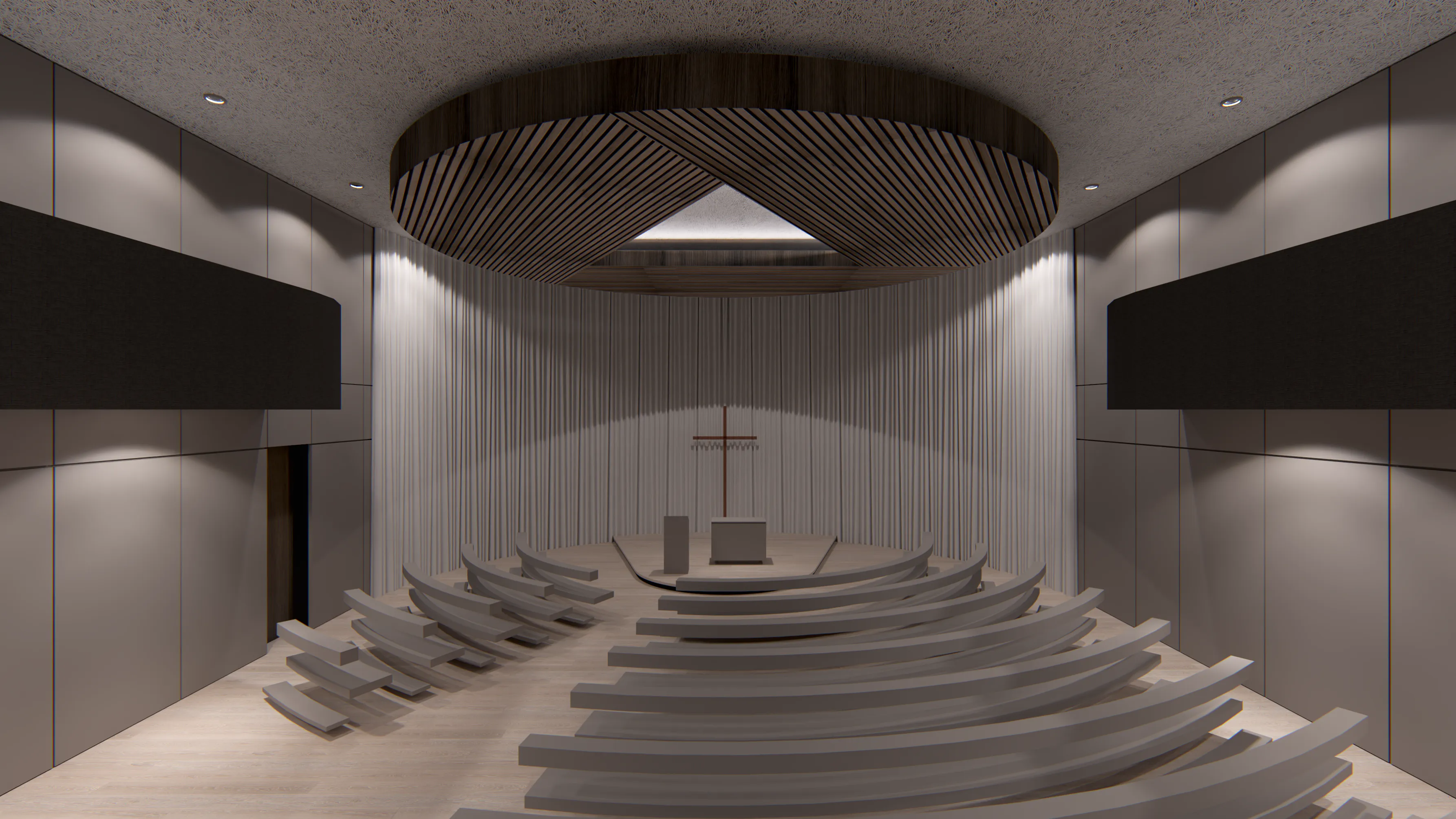 Modern church interior with curved wooden pews facing an altar with a cross, a wooden ceiling feature, and soft lighting.