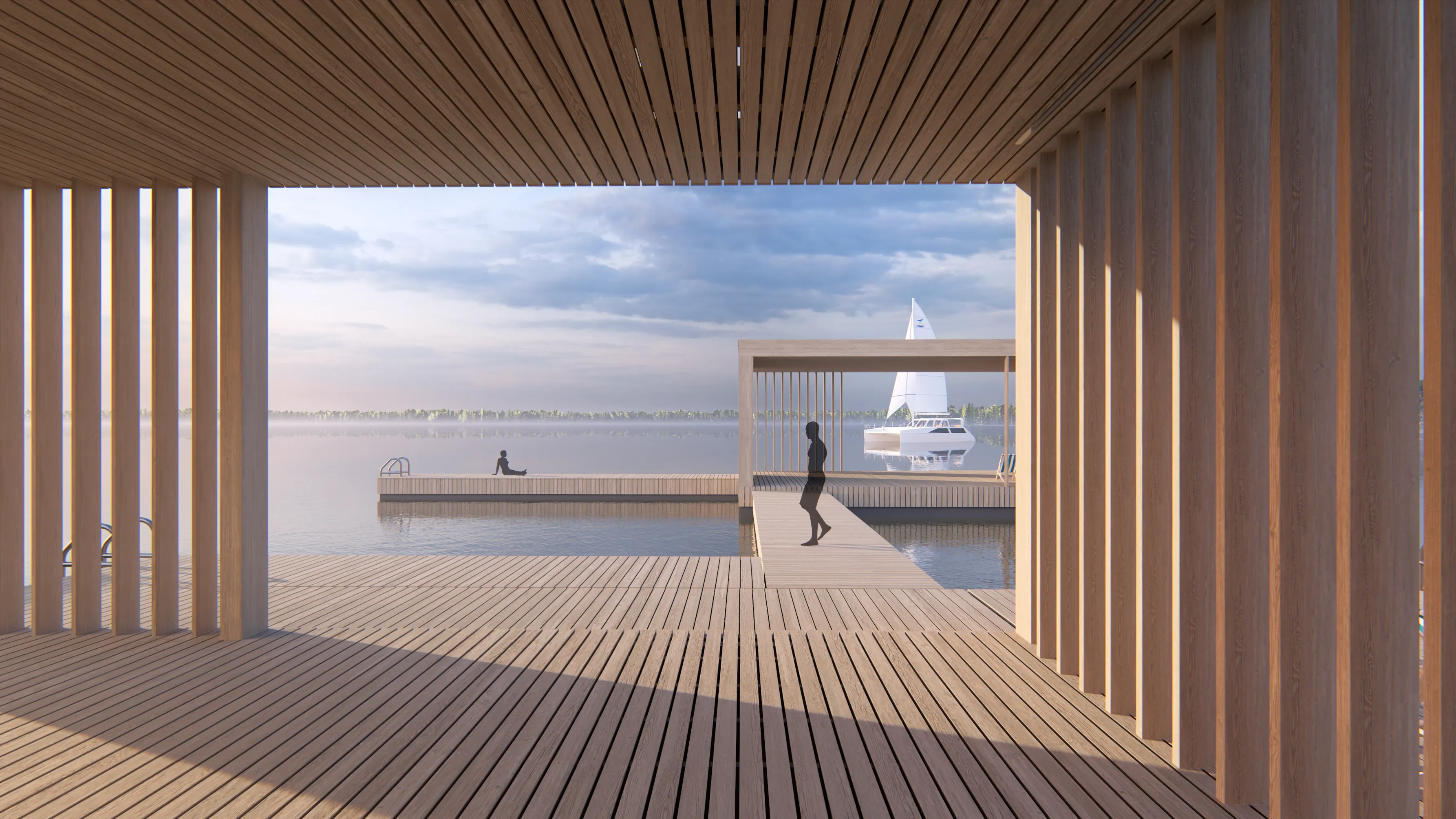 Modern wooden dock and pavilion overlooking a calm lake with a sailboat and silhouettes of people relaxing.
