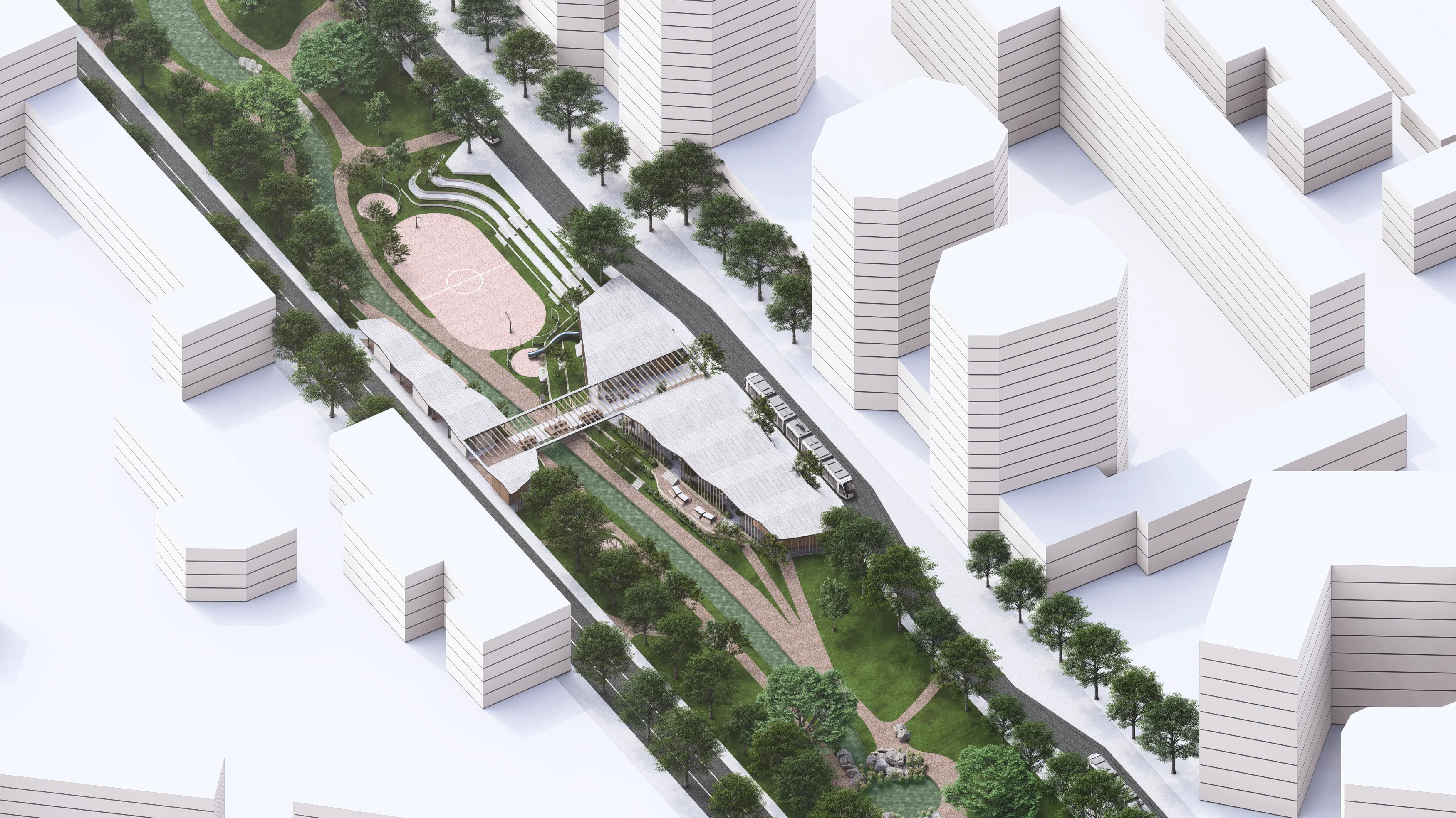 Modern two-story apartment building with wooden doors, exterior stairway, and landscaped garden with trees and shrubs.