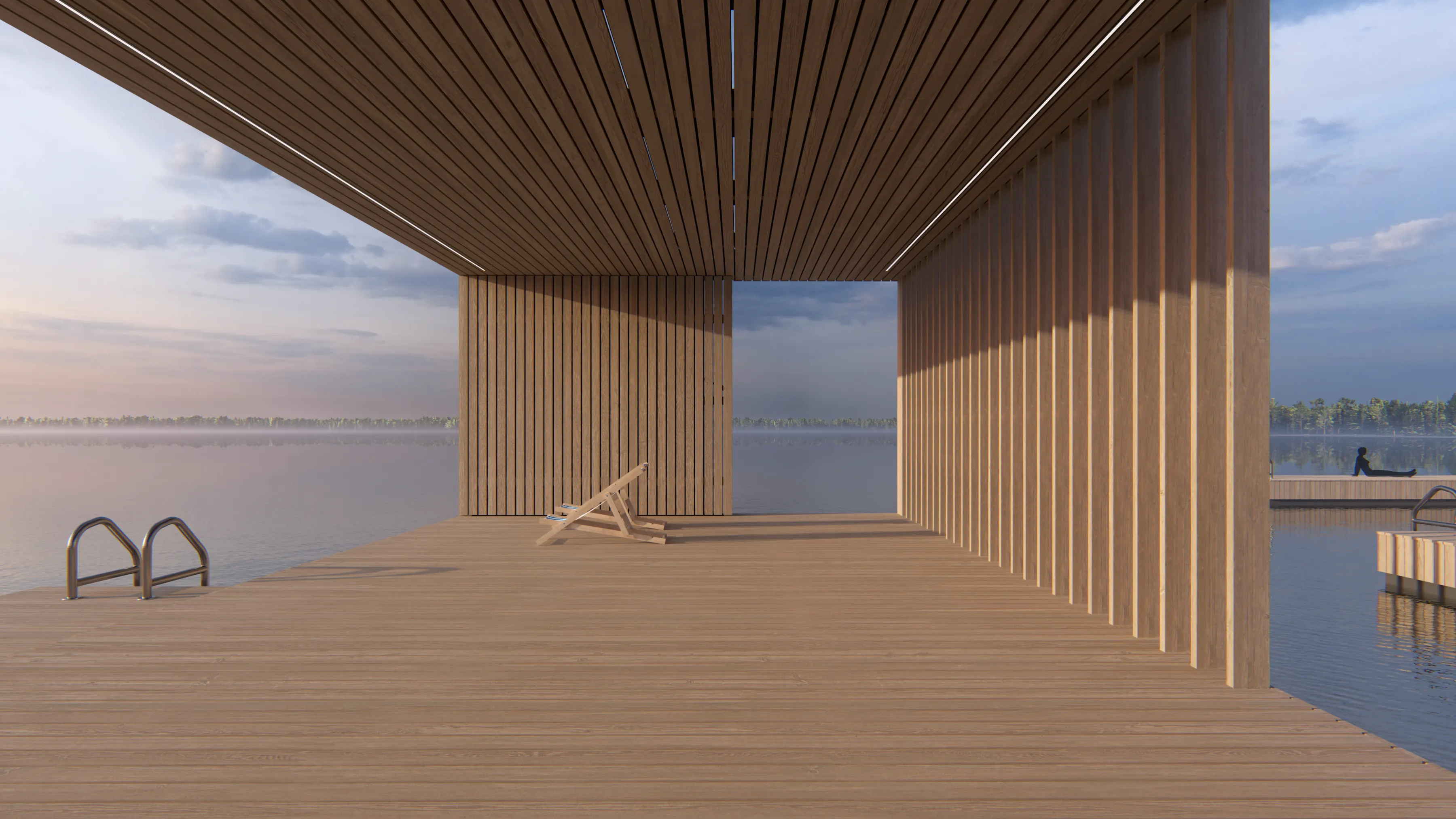 Modern wooden lakeside deck with slatted walls, a reclining chair, and calm water reflecting a cloudy sky.