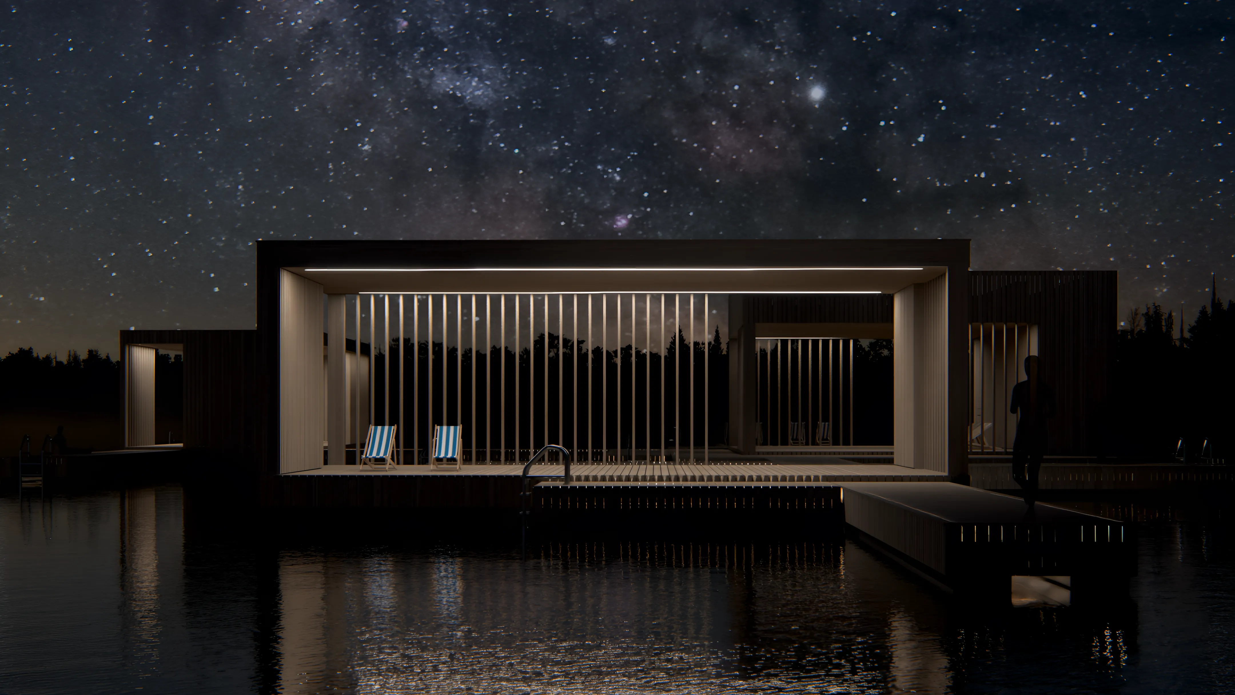 Wooden staircase with vertical plank walls on both sides leading to a cloudy sky.