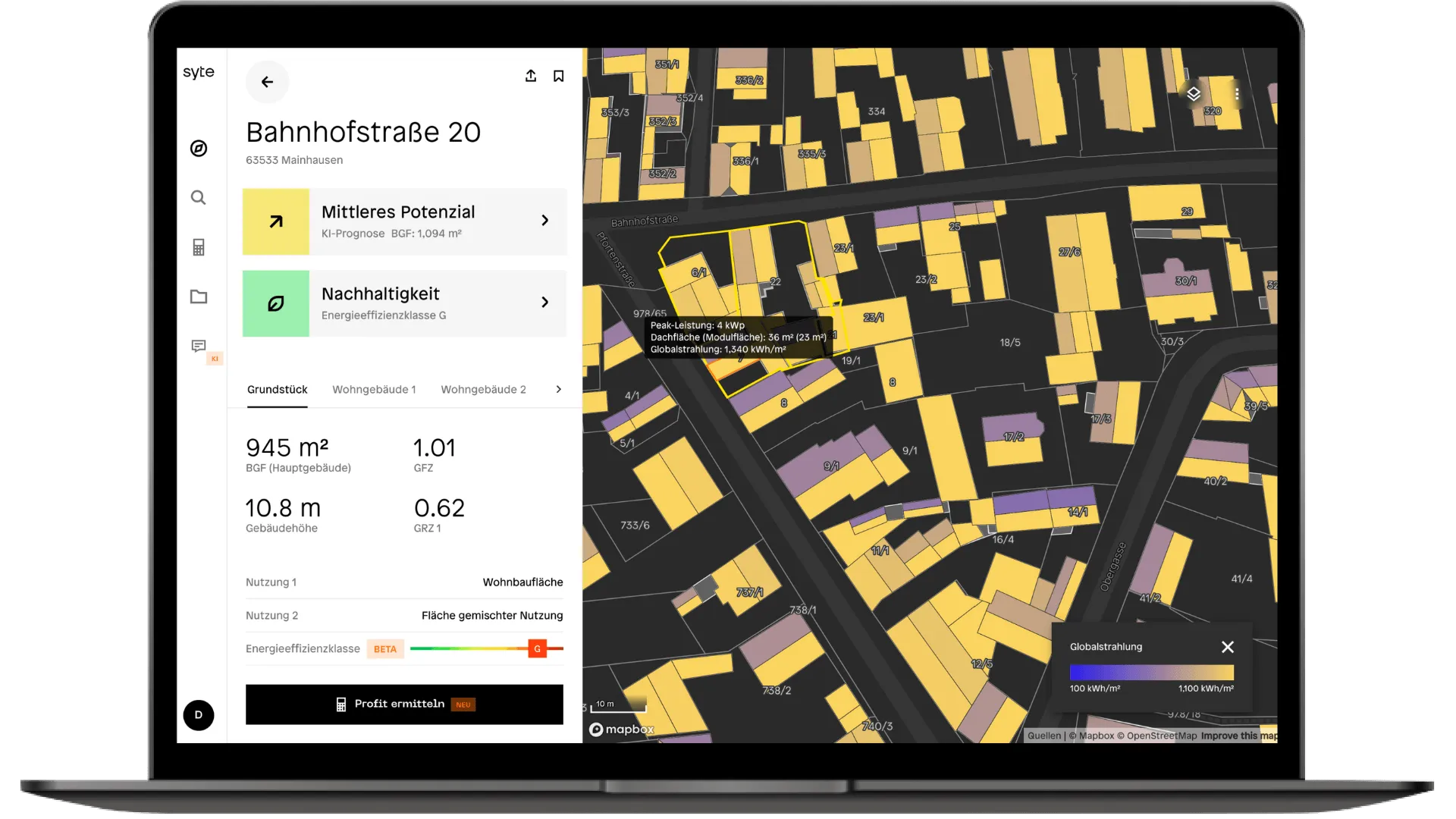 Bildschirmfoto der KI-Potenzial Karte aus der syte Software.