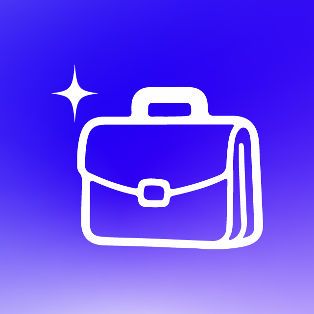 White briefcase icon with sparkle on gradient blue to light purple background.