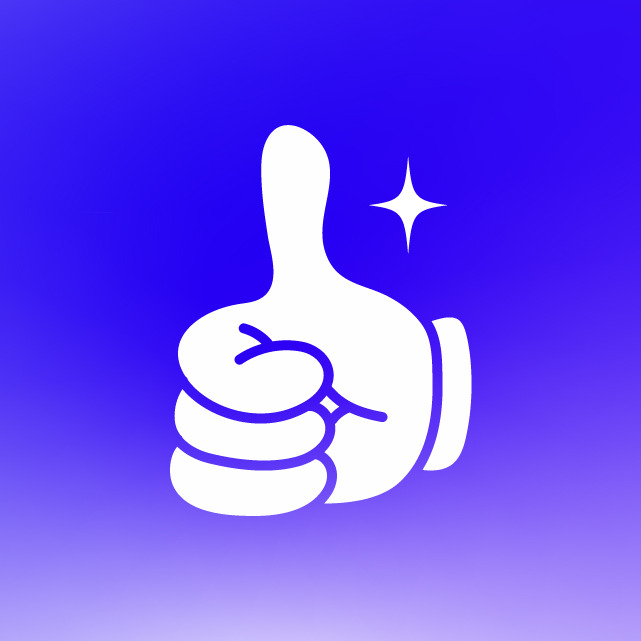 White thumbs up icon with a sparkle on a blue to purple gradient background.