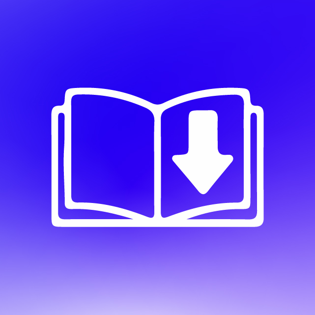White open book icon with a downward arrow on a blue to purple gradient background.