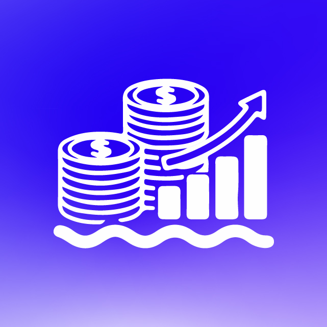 Stacks of coins next to a rising bar graph with an upward arrow symbolizing financial growth.