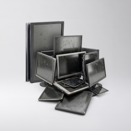 A pile of multiple discarded lcd displays to be recycled by an urt recycling plant