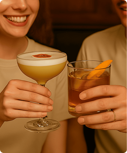 Two people smiling and clinking cocktail glasses, one with a frothy yellow drink and the other with an amber drink garnished with an orange peel.