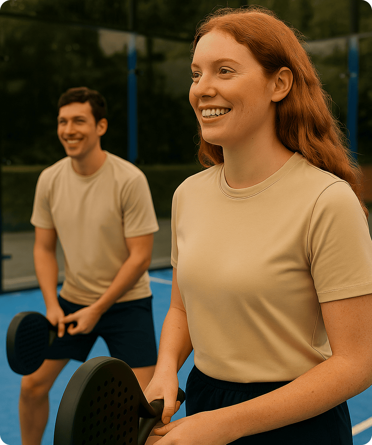 A smiling man and woman holding paddles, ready to play paddle tennis on an outdoor court.