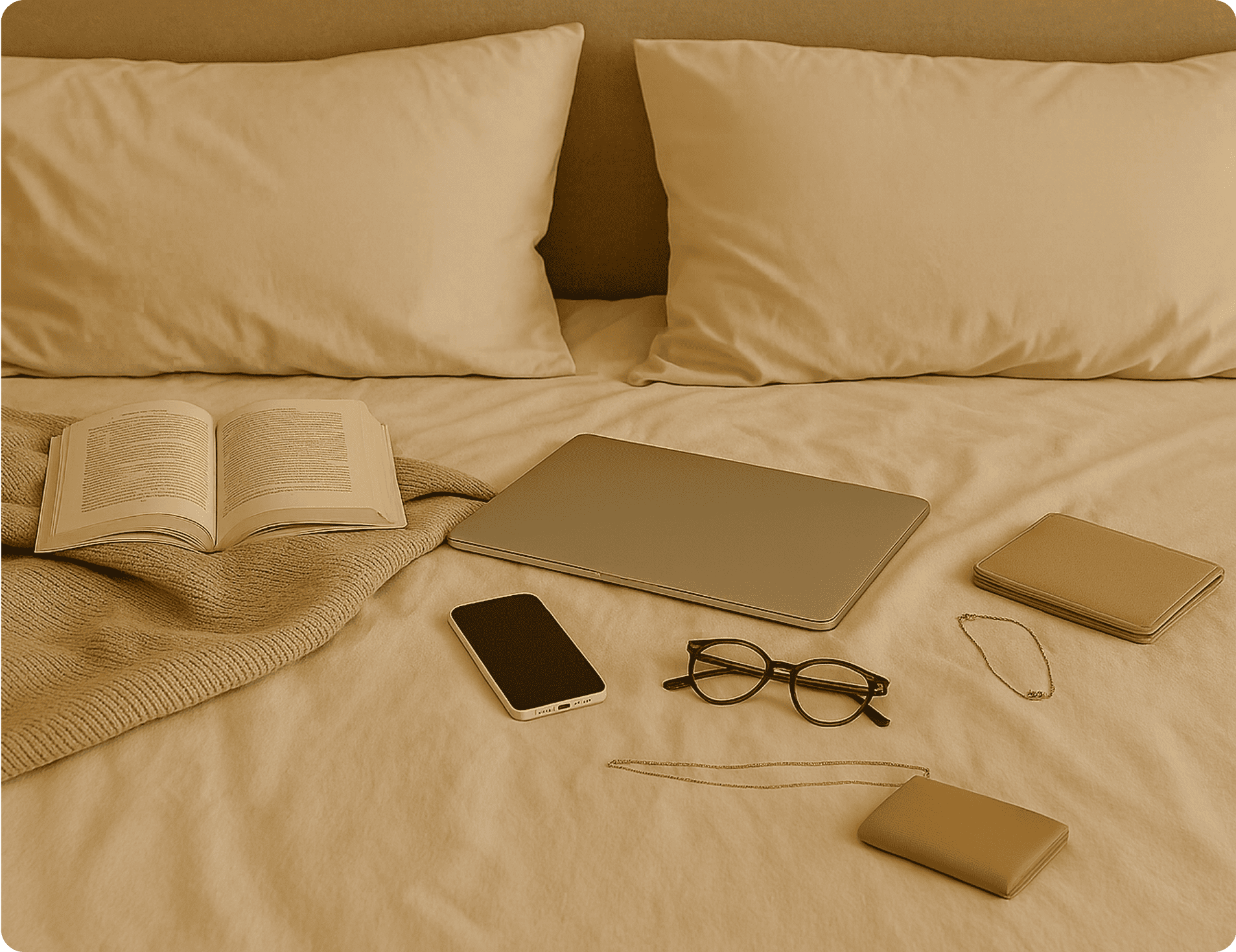 Bed with two pillows, an open book, closed laptop, smartphone, eyeglasses, wallet, bracelet, and necklace laid out on beige bedding.
