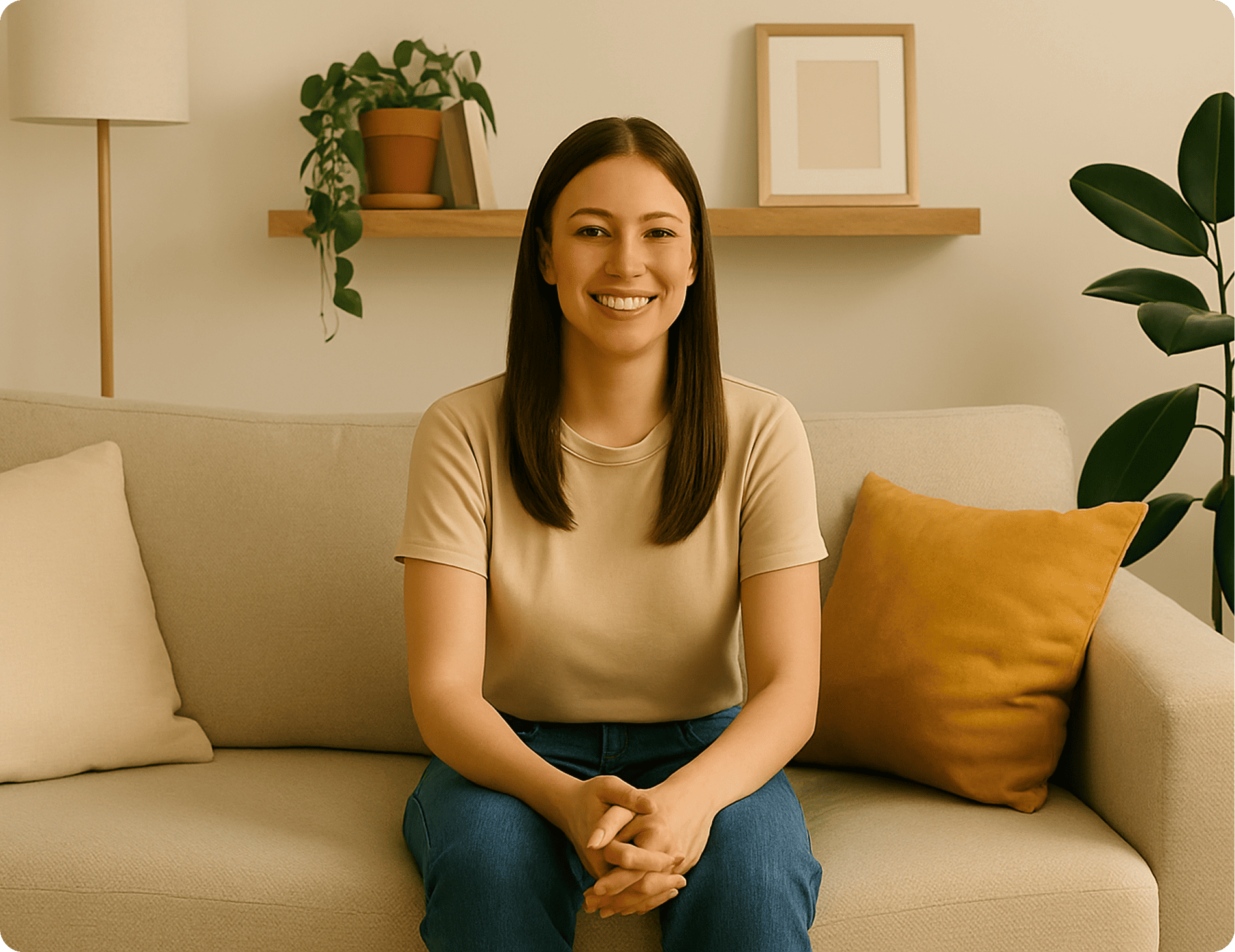 Smiling young woman with straight brown hair sitting on a beige couch with mustard and cream pillows in a cozy living room.