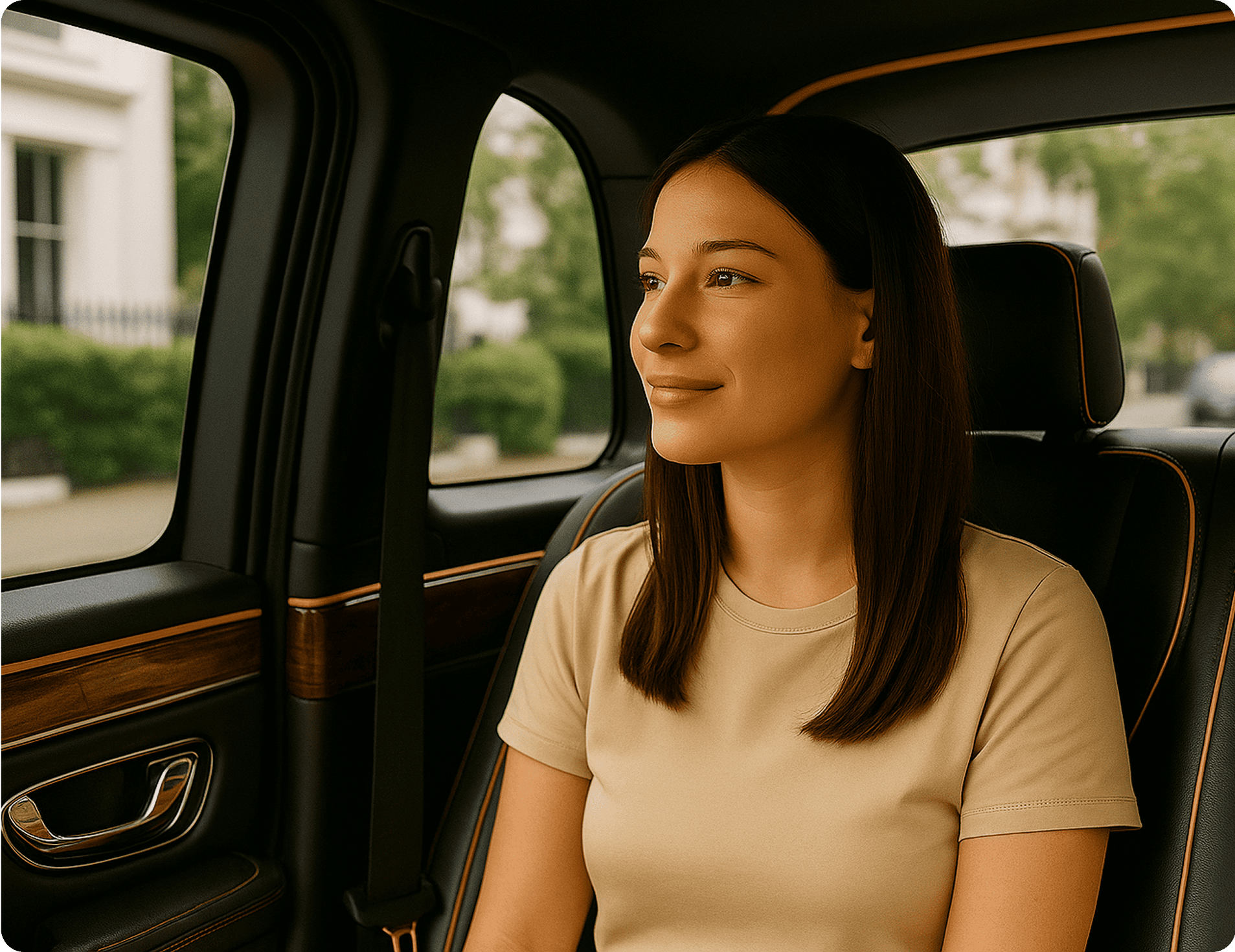 Young woman with straight brown hair wearing a beige t-shirt sitting in the backseat of a car looking out the window.