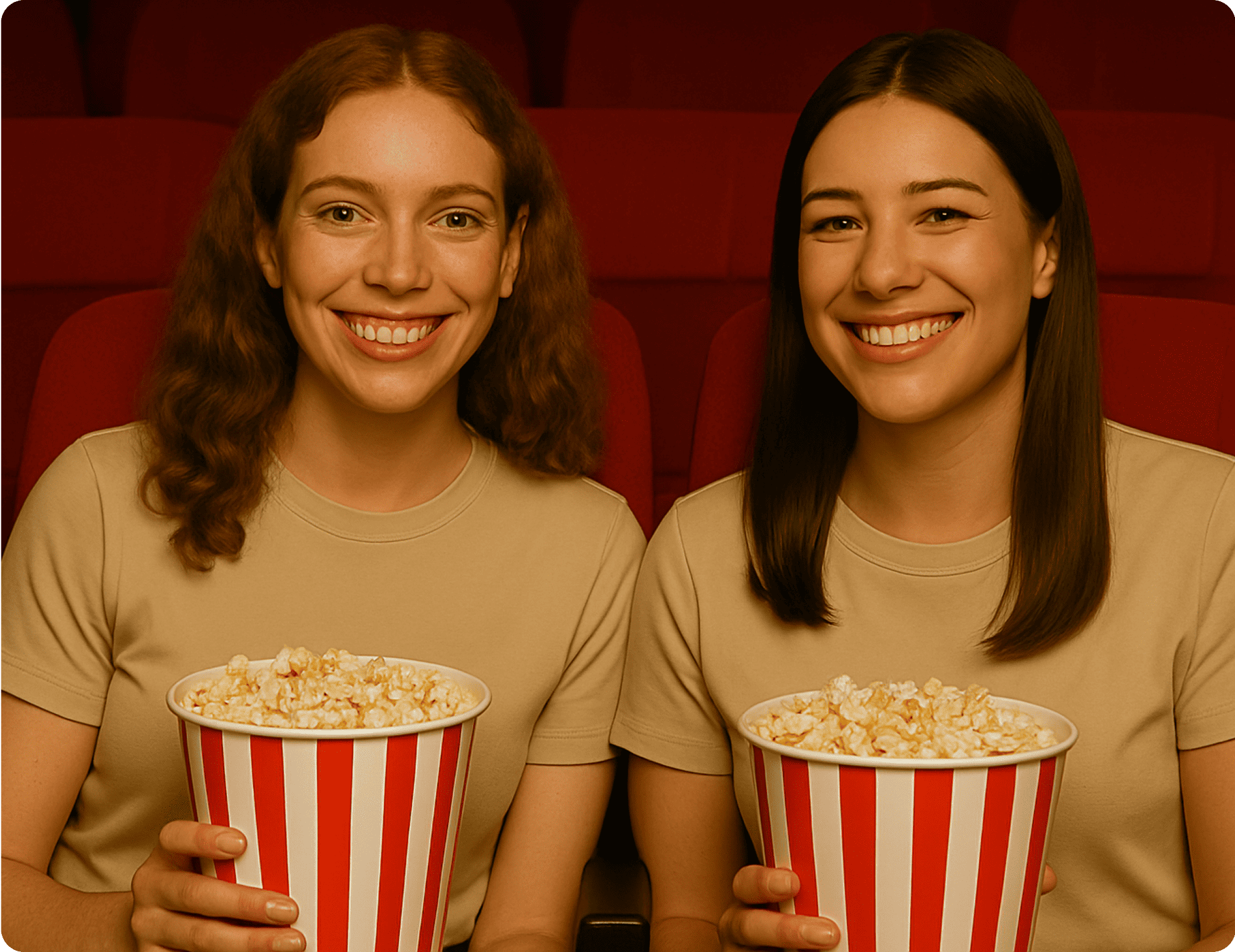 Two young women sitting in a movie theater holding large striped buckets of popcorn and smiling.