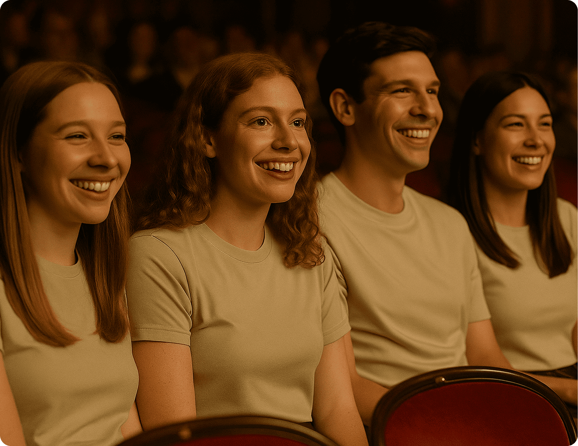 Four young adults seated and smiling, enjoying an event in a dimly lit auditorium.