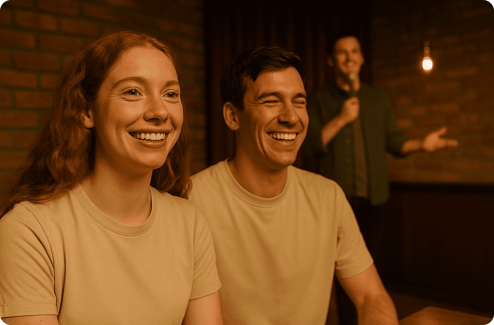 Two people laughing and watching a comedian perform on stage in a dimly lit comedy club.