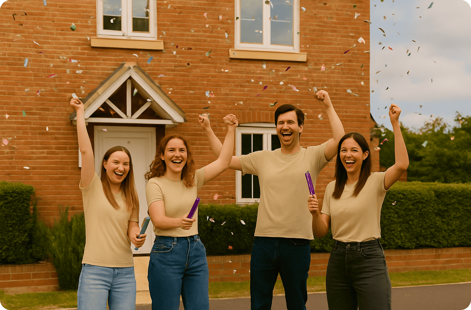 Four cheerful young adults in beige shirts celebrating with confetti in front of a brick house.