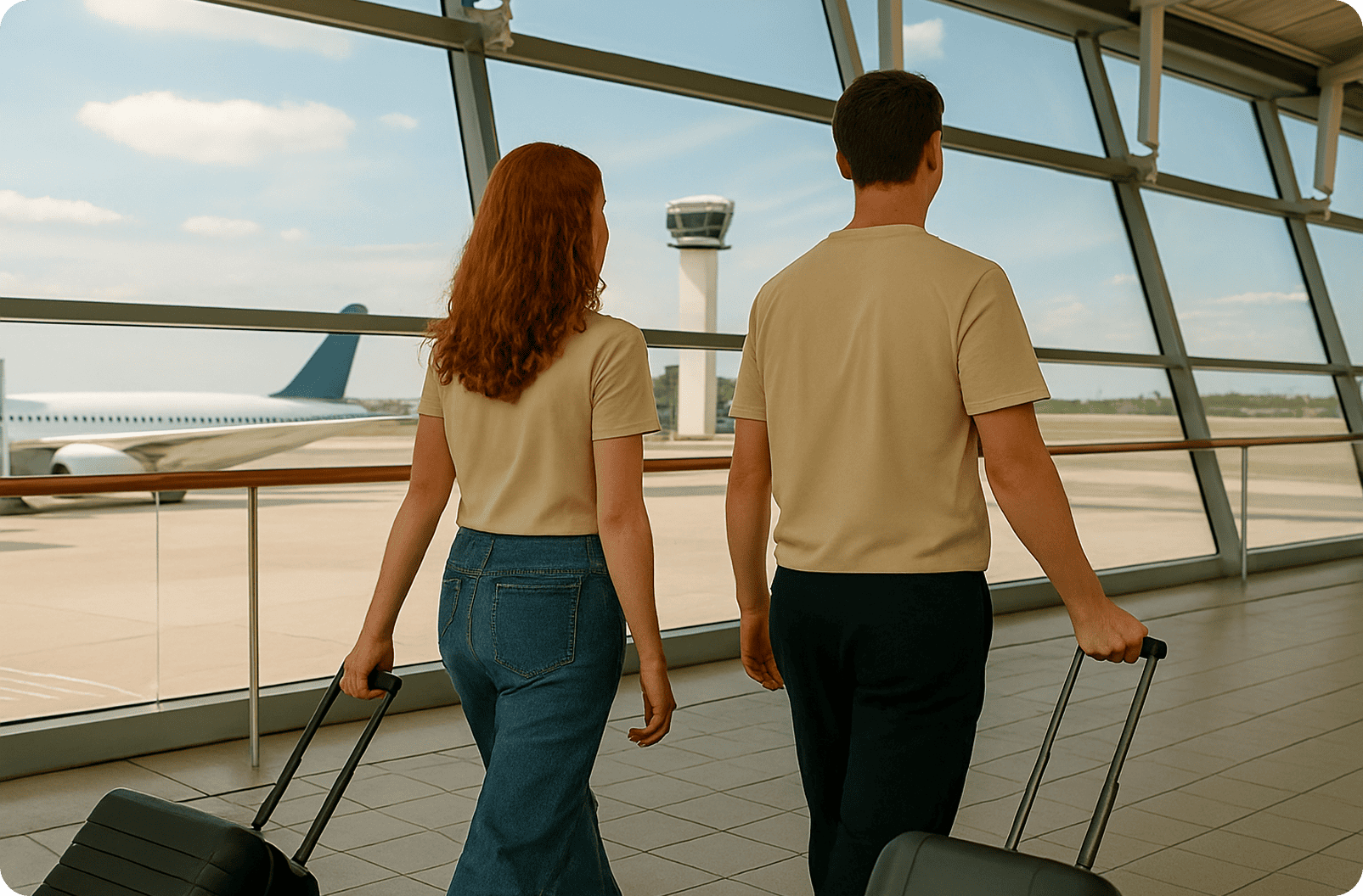 Rear view of a man and woman walking side by side in an airport terminal, each pulling a rolling suitcase.