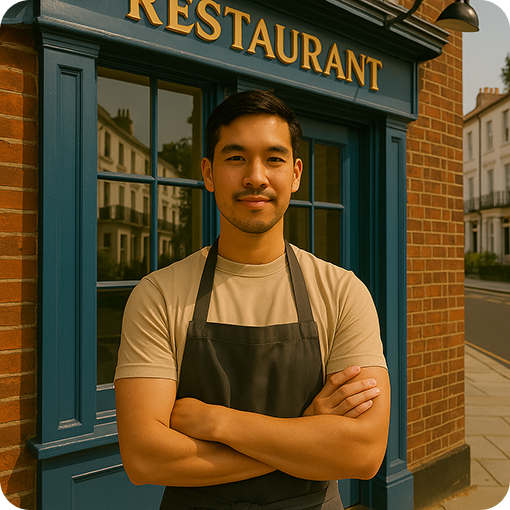 Confident young man wearing apron standing with arms crossed in front of a blue restaurant entrance.