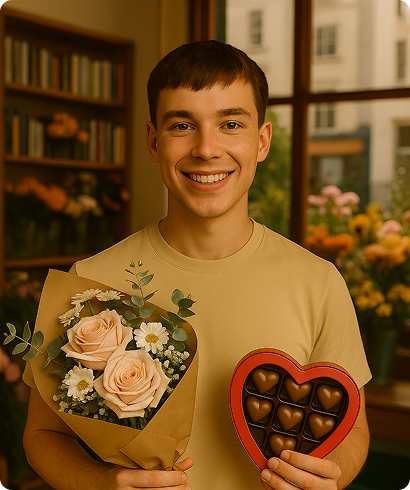 Smiling young man holding a bouquet of roses and a heart-shaped box of chocolates indoors with flowers and window in background.