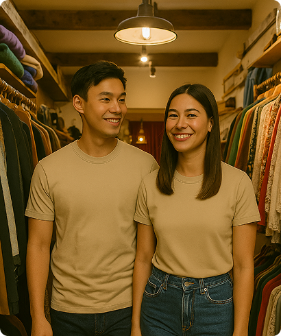 Smiling young man and woman standing side by side in a clothing store aisle filled with hanging garments.