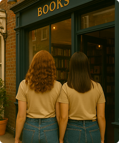 Two women with different hair types standing side by side in front of a bookstore with a blue-green exterior and gold 'BOOKS' sign.
