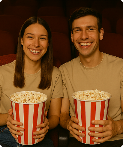 Smiling young man and woman sitting in a movie theater holding large striped buckets of popcorn.
