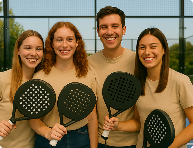 Four smiling young adults holding padel rackets on an outdoor court.