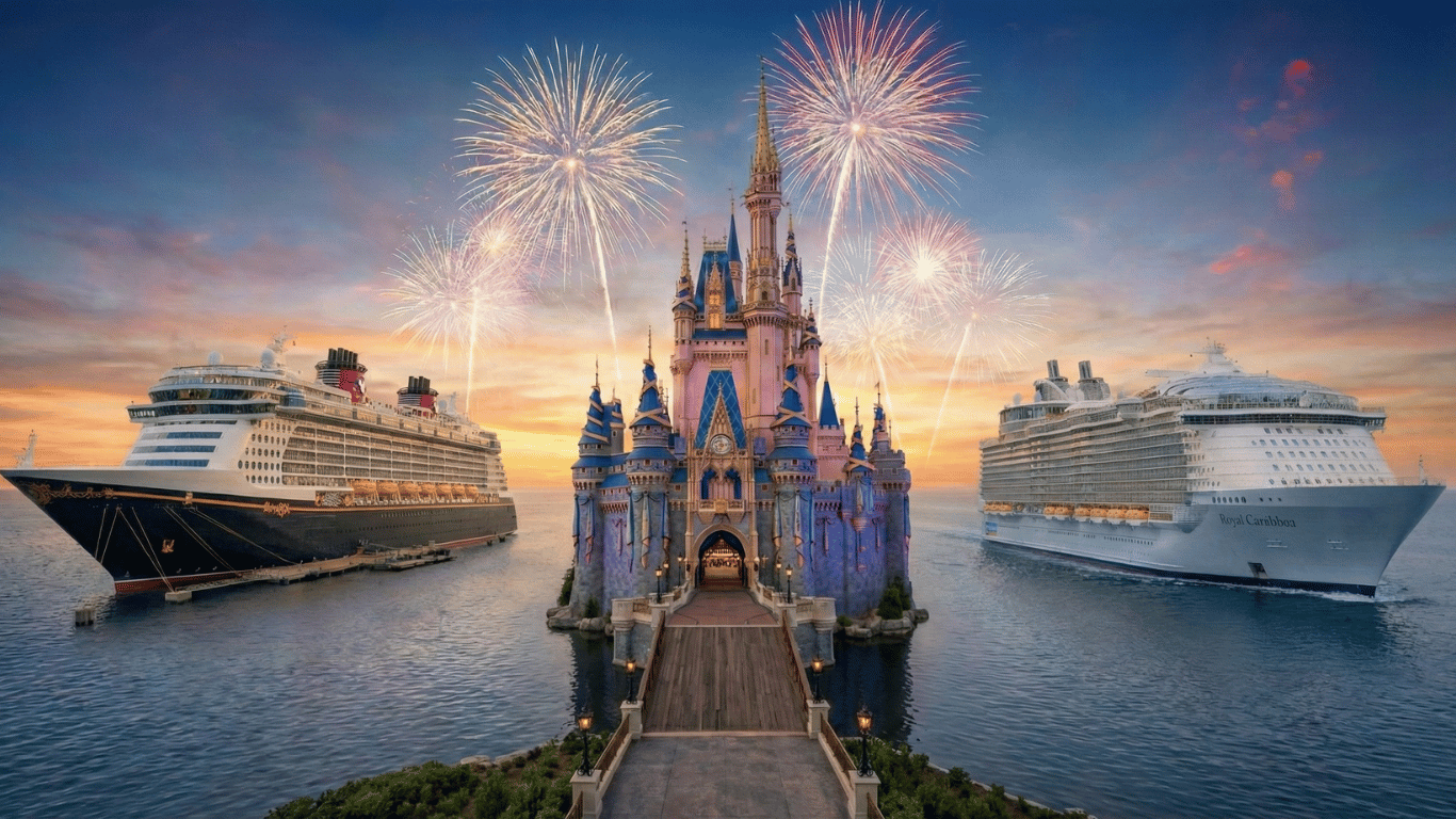 Decorative image of Cinderella Castle, with a Disney Cruise Line ship on the left and a Royal Caribbean cruise ship on the right