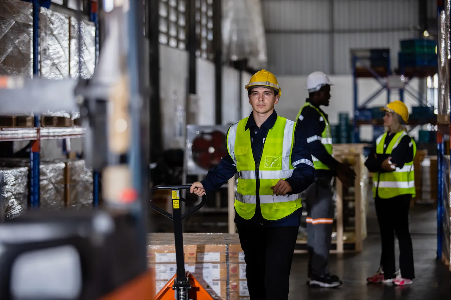 Ein Mann im Vordergrund schiebt eine Ameise im Lager. Im Hintergrund stehen zwei weitere Lagermitarbeiter.