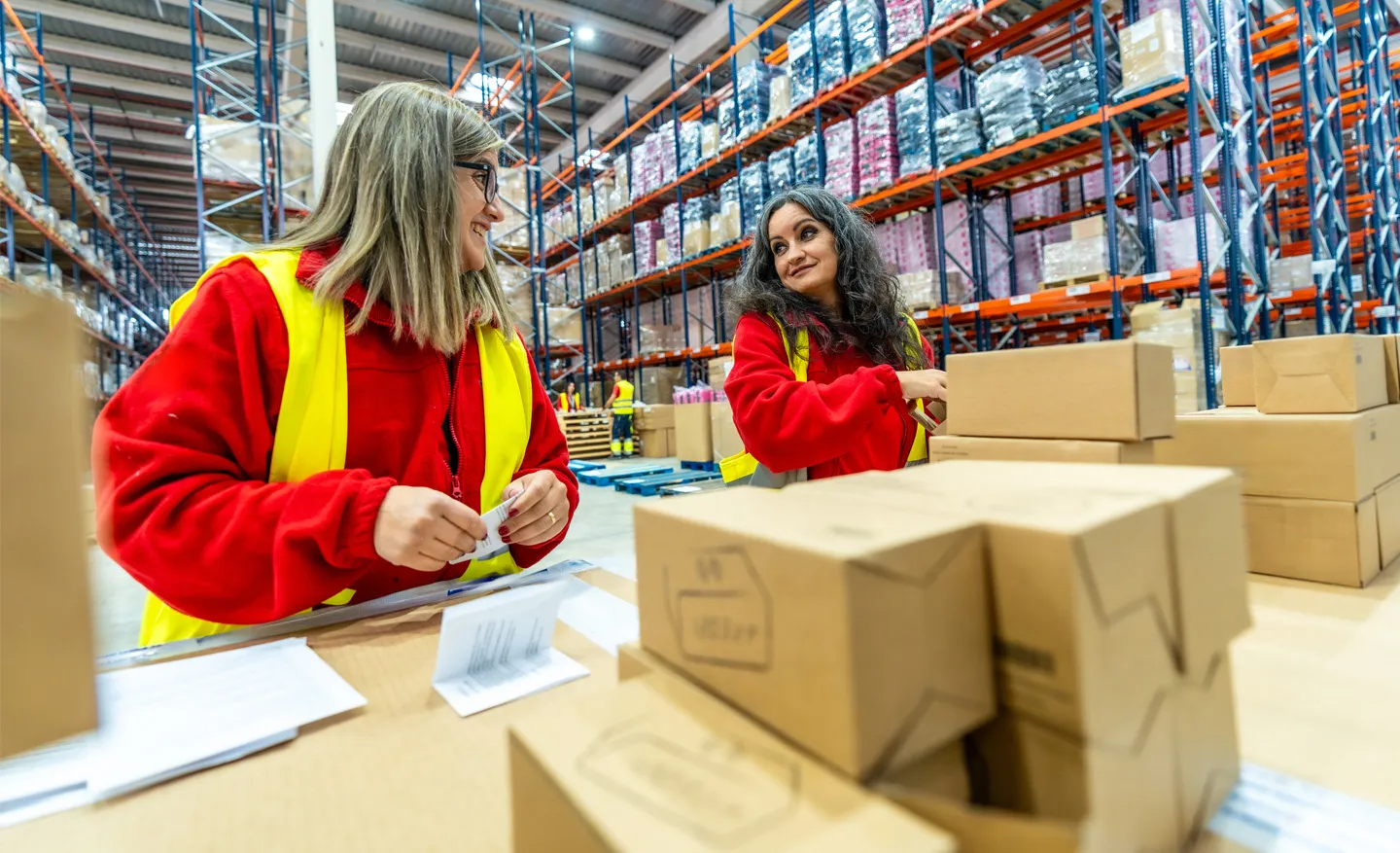 Zwei Frauen an der Packstation machen Pakete versandbereit.