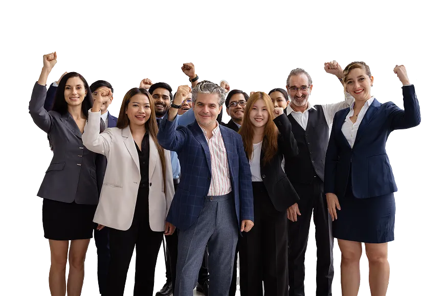 Zu sehen sind mehrere Personen, die sich freuen. Sie tragen geschäftliche Kleidung.