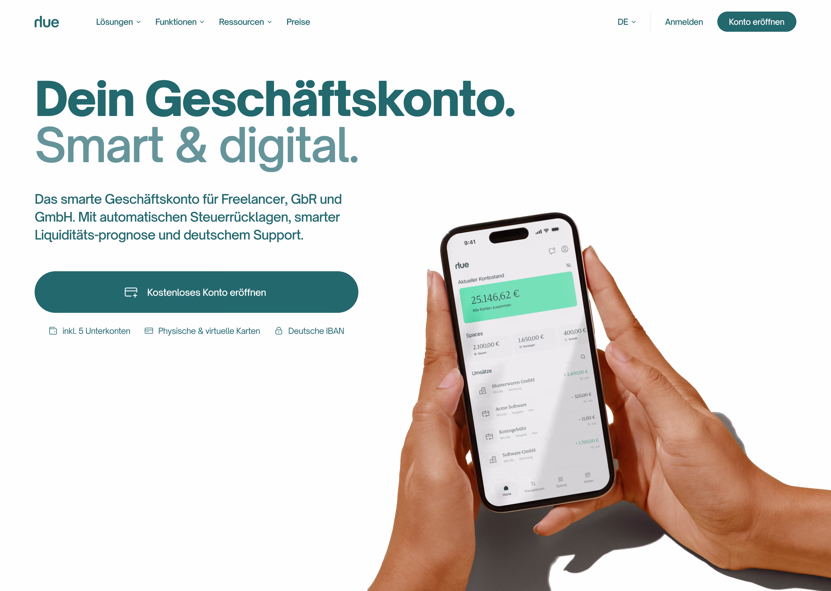 Hand hält Smartphone mit geöffneter Banking-App, die ein Geschäftskonto mit 25.146,62 Euro Kontostand anzeigt.
