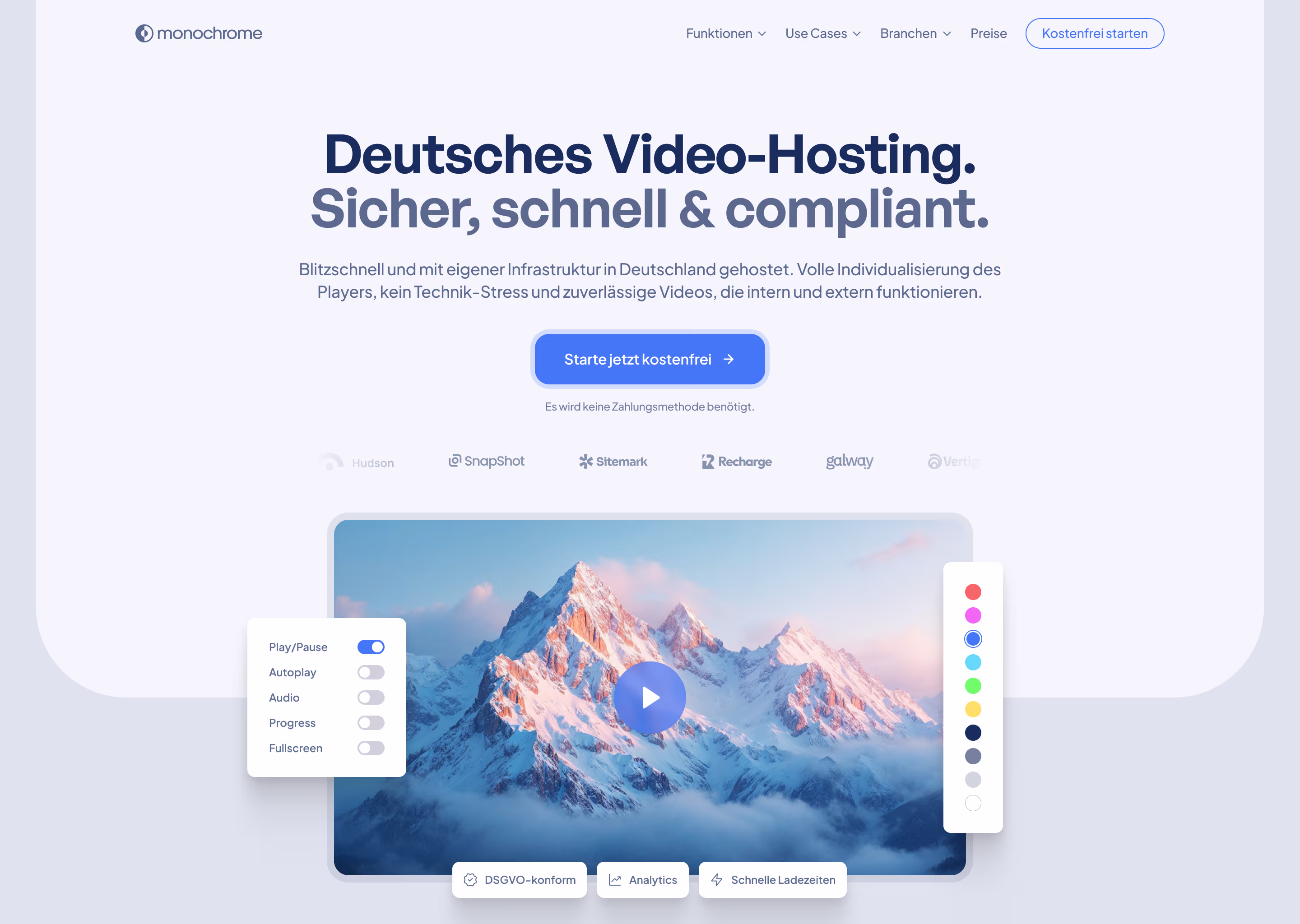 Website homepage of a German video hosting service featuring a mountain video player with customizable features and options.