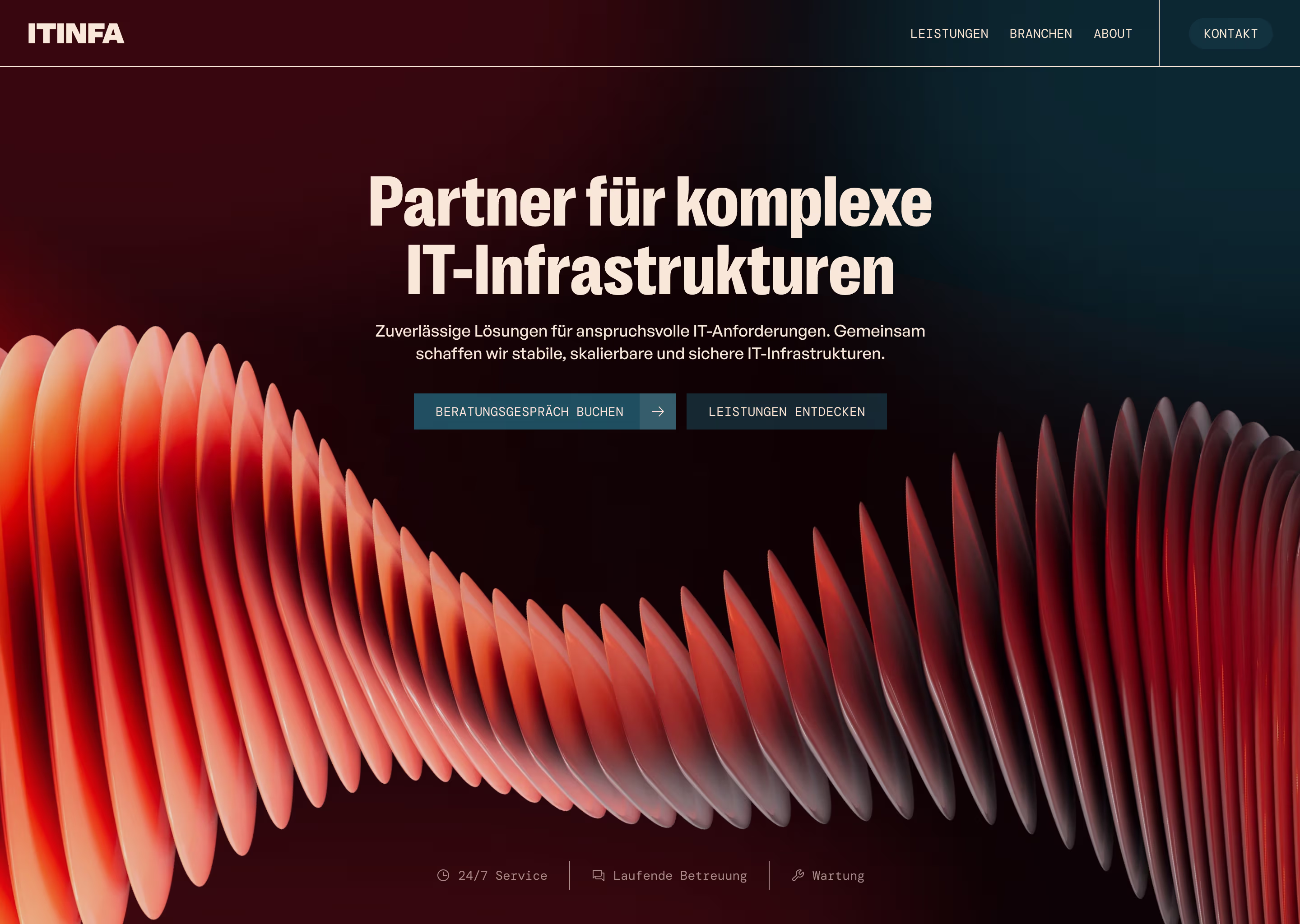 Website-Startseite von ITINFA mit dem Text Partner für komplexe IT-Infrastrukturen und abstraktem, spiralförmigem rotem Design im Hintergrund.