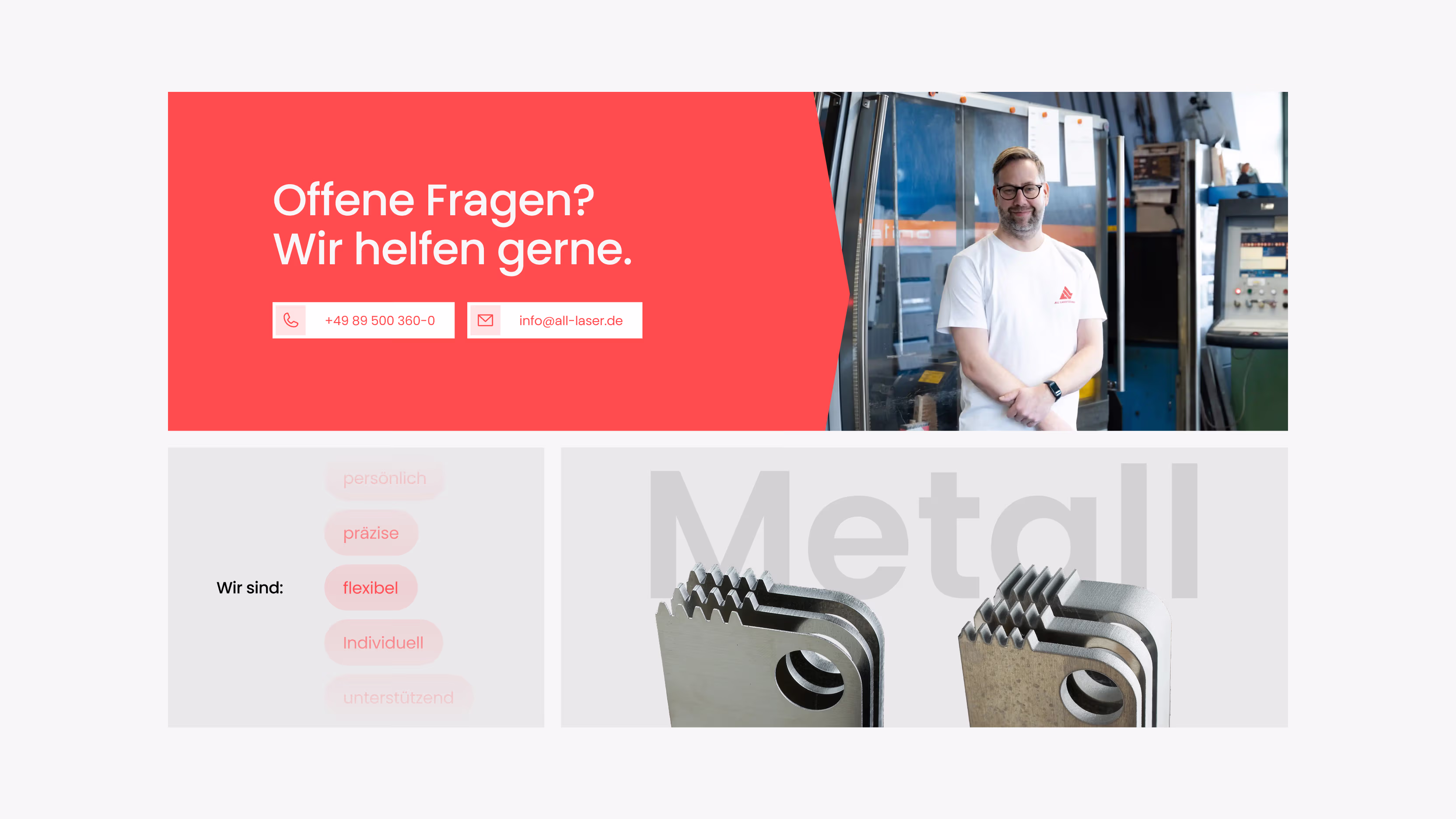 Mann mit Brille und weißem T-Shirt steht vor Industrieanlage, daneben rotes Feld mit Text "Offene Fragen? Wir helfen gerne." und Kontaktdaten.