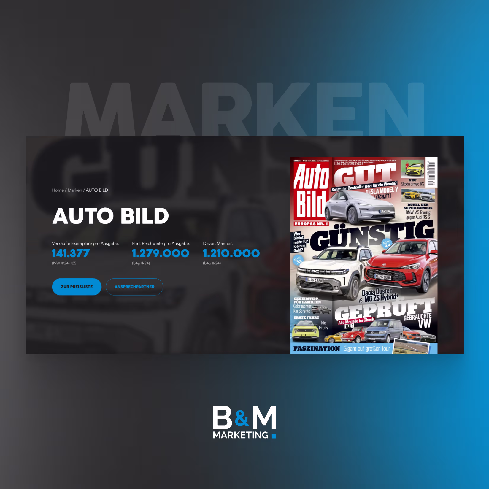 Auto Bild Magazincover mit Autos und Verkaufs- und Reichweitendaten sowie B&M Marketing Logo auf blau-schwarzem Hintergrund.