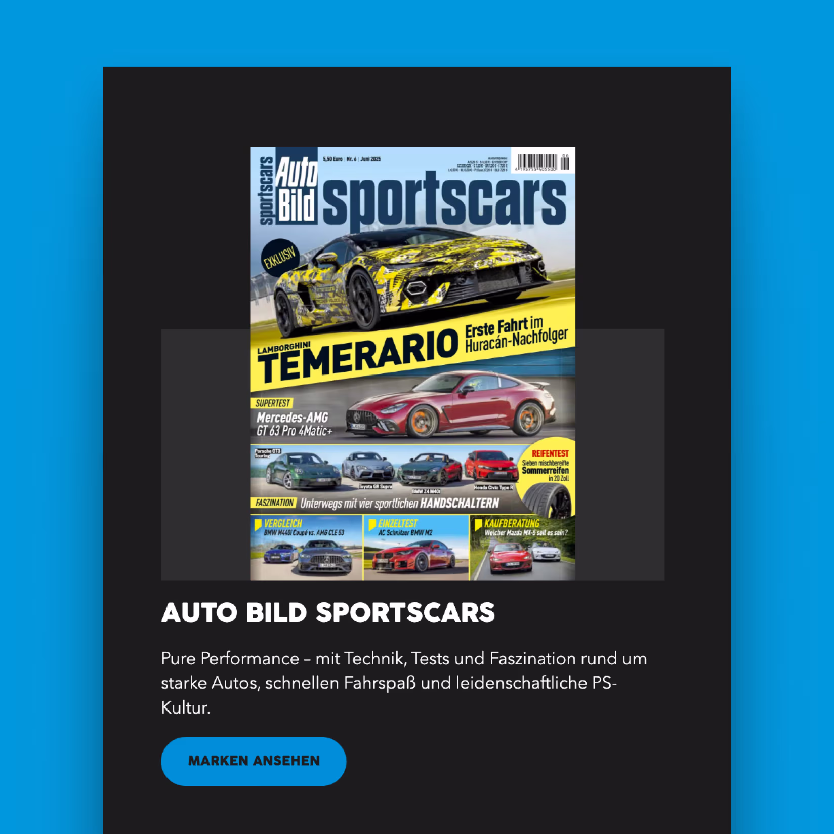 Titelseite des Auto Bild Sportscars Magazins mit einem getarnten Lamborghini und einem roten Mercedes-AMG GT 63 Pro 4Matic+.