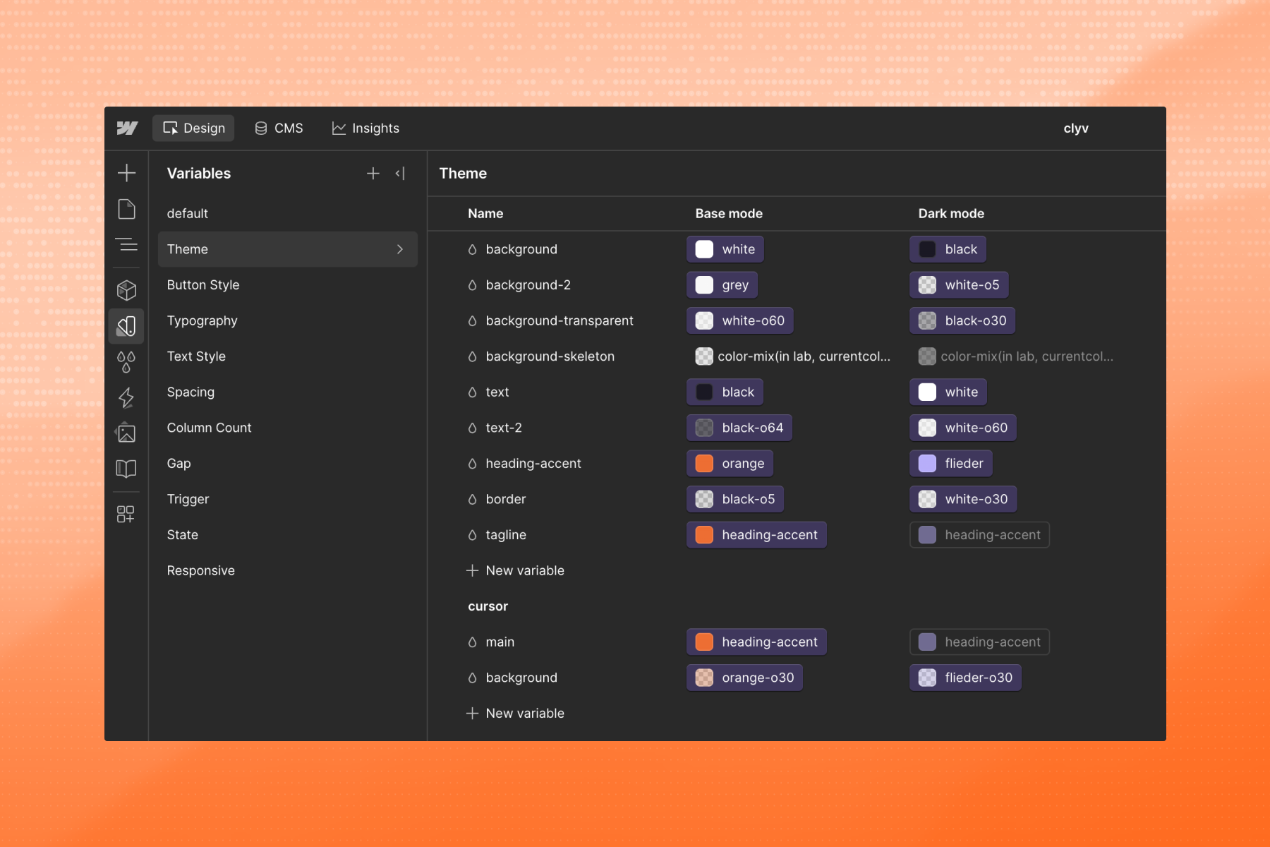 Dark mode interface showing theme variables with color settings for base and dark modes.