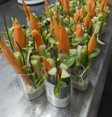 Many clear square cups lined up, filled with hummus and small veggie sticks, all resembling a small bunch of fresh picked veggies