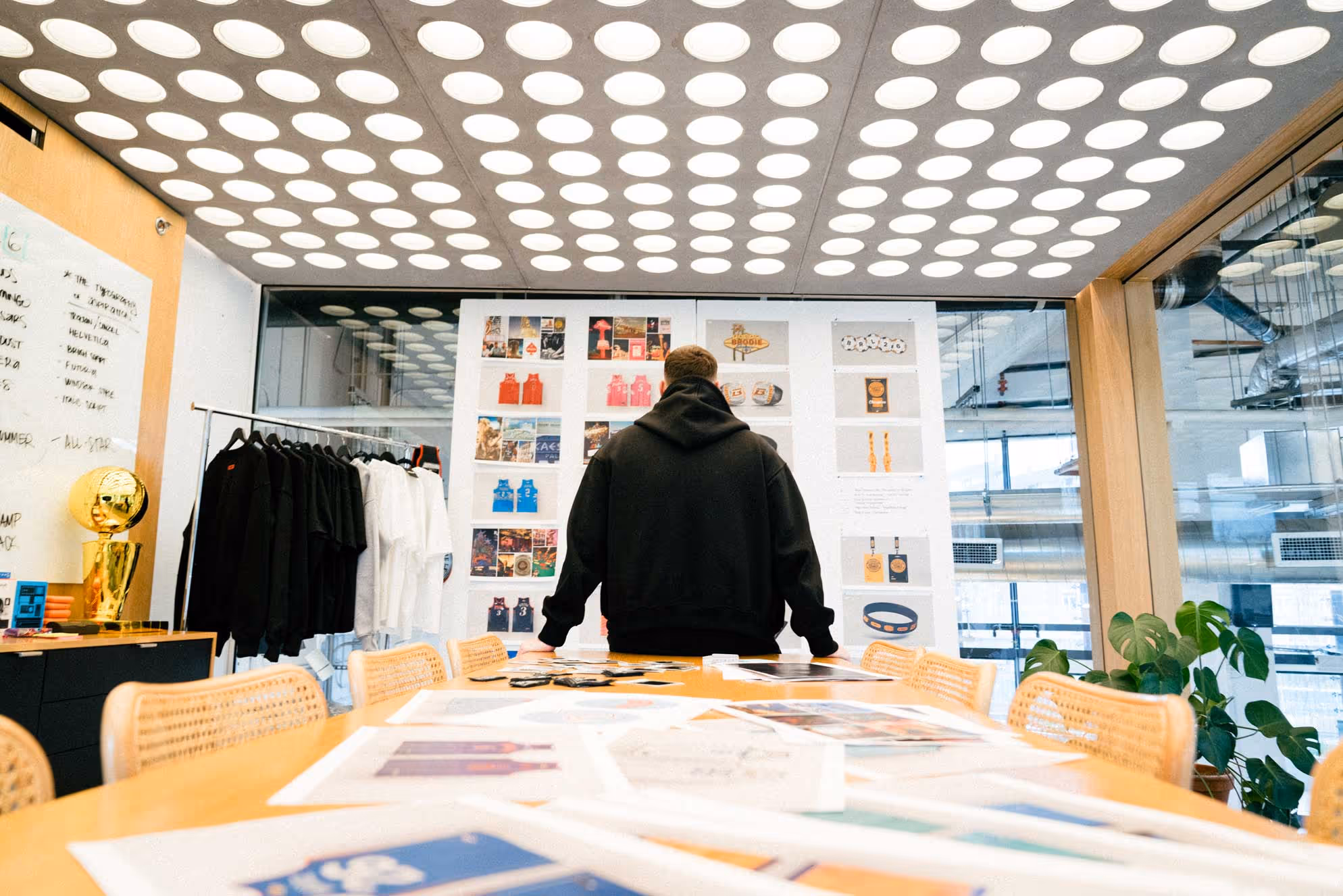 Inside the Brodie Rec League headquarters — league memorabilia, branded gear, and basketball culture on display