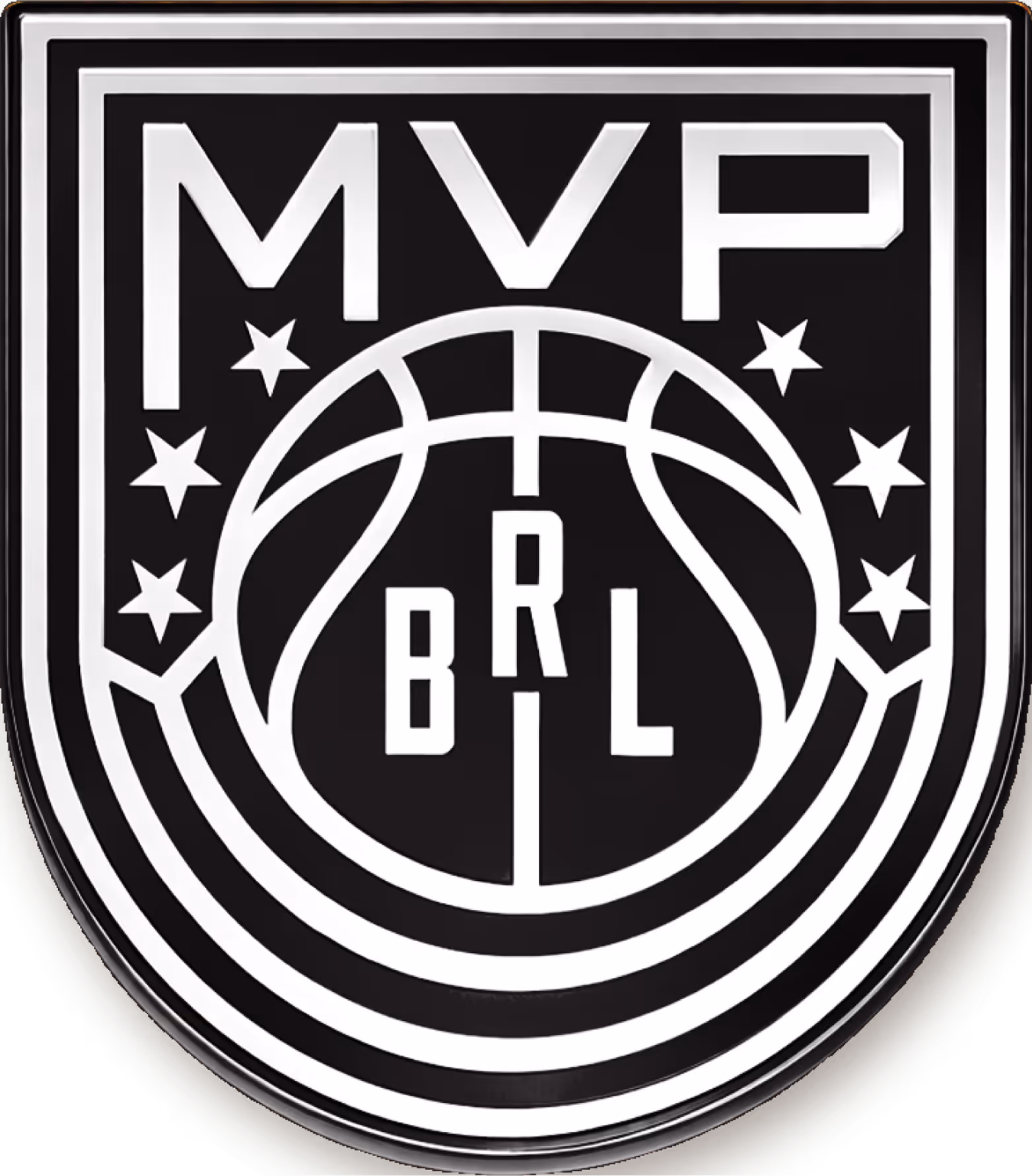 Black and silver MVP badge with a basketball and letters BRL surrounded by stars.