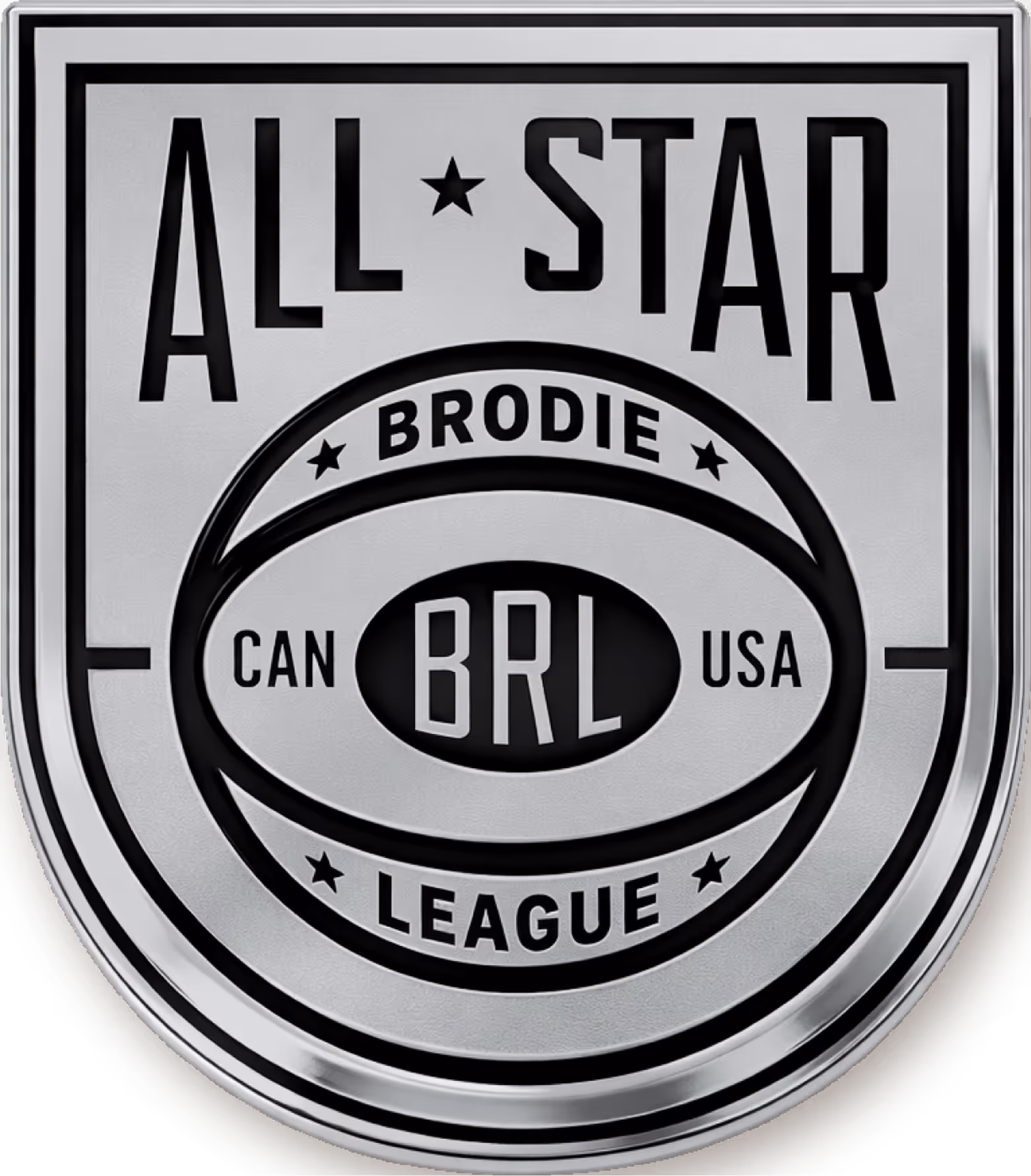 Silver All Star Brodie League emblem with letters CAN, USA, and BRL in the center.