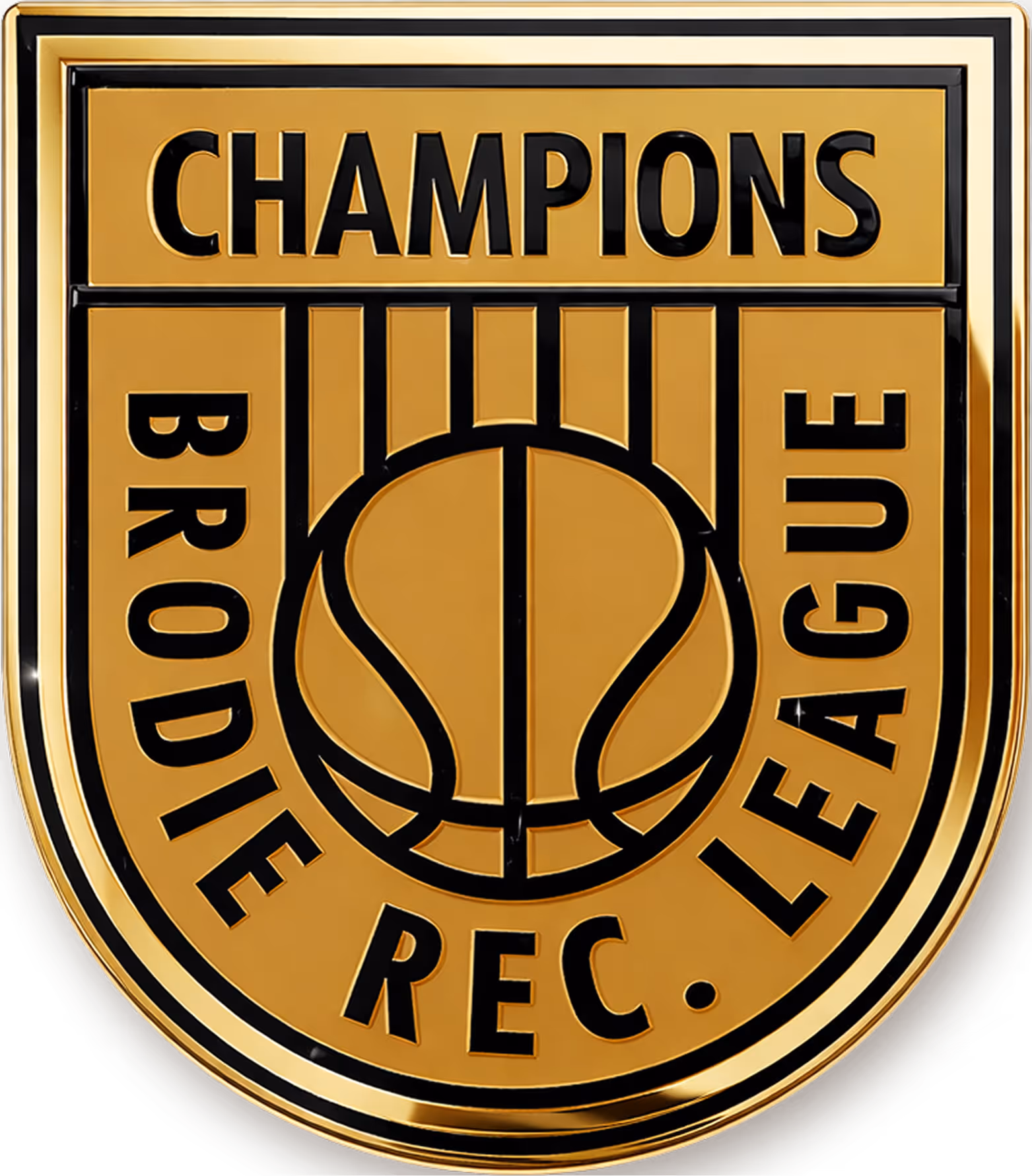 Gold emblem with 'CHAMPIONS,' a basketball, and 'BRODIE REC. LEAGUE' text around it.