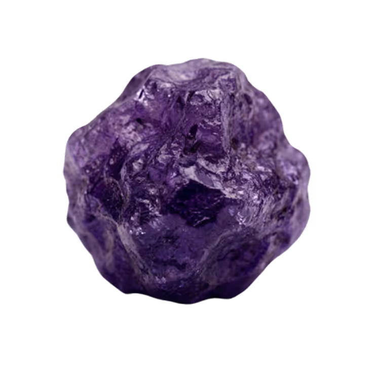 Close-up of a rough, irregularly shaped purple crystal against a black background.
