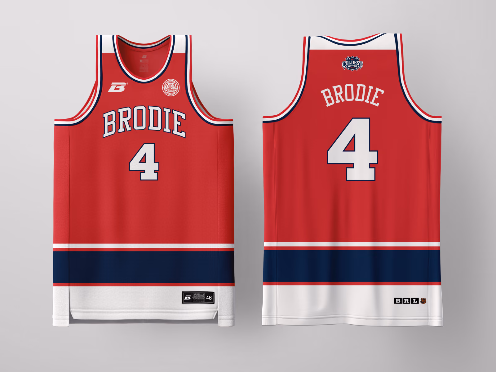 Brodie Rec League Cleveland Red Coldest Winter '27 jersey, custom basketball uniform for the recreational league