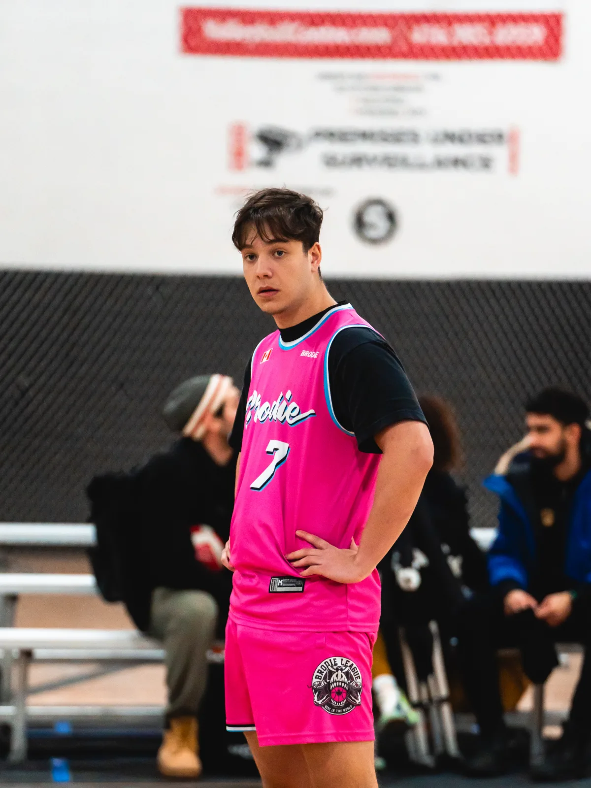 Matteo L. on the court in a pink Brodie jersey